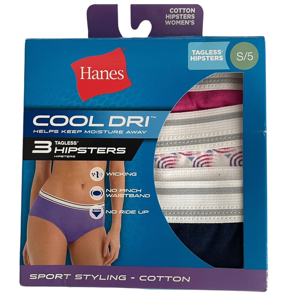 HANES Tagless Hipster Panties Cool Dri Sport Styling Cotton 3-pack Size Small 5